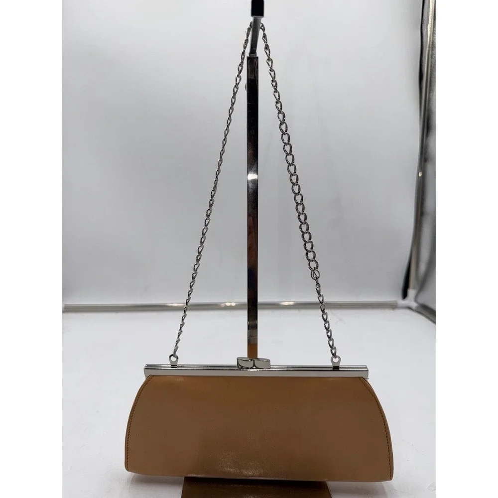 Monsac Vintage Tan Leather Kiss Lock Clutch Bag Silver Chain Strap Evening Purse
